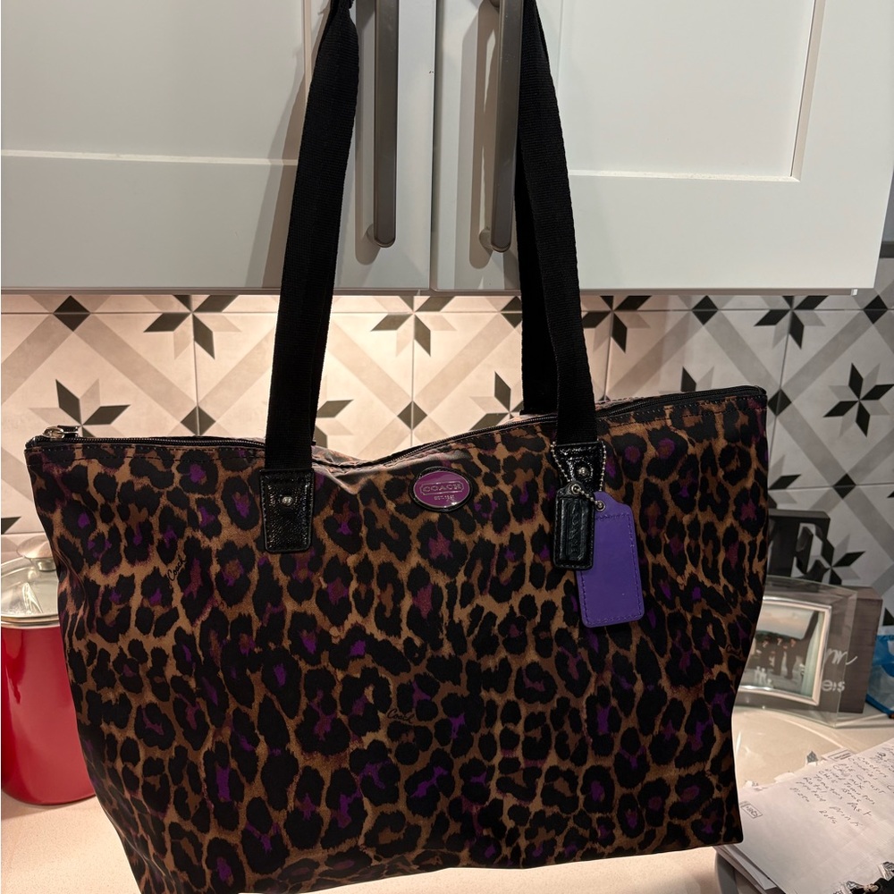 Coach Ocelot Leopard Print Tote with Black and Purple Accents NWOT